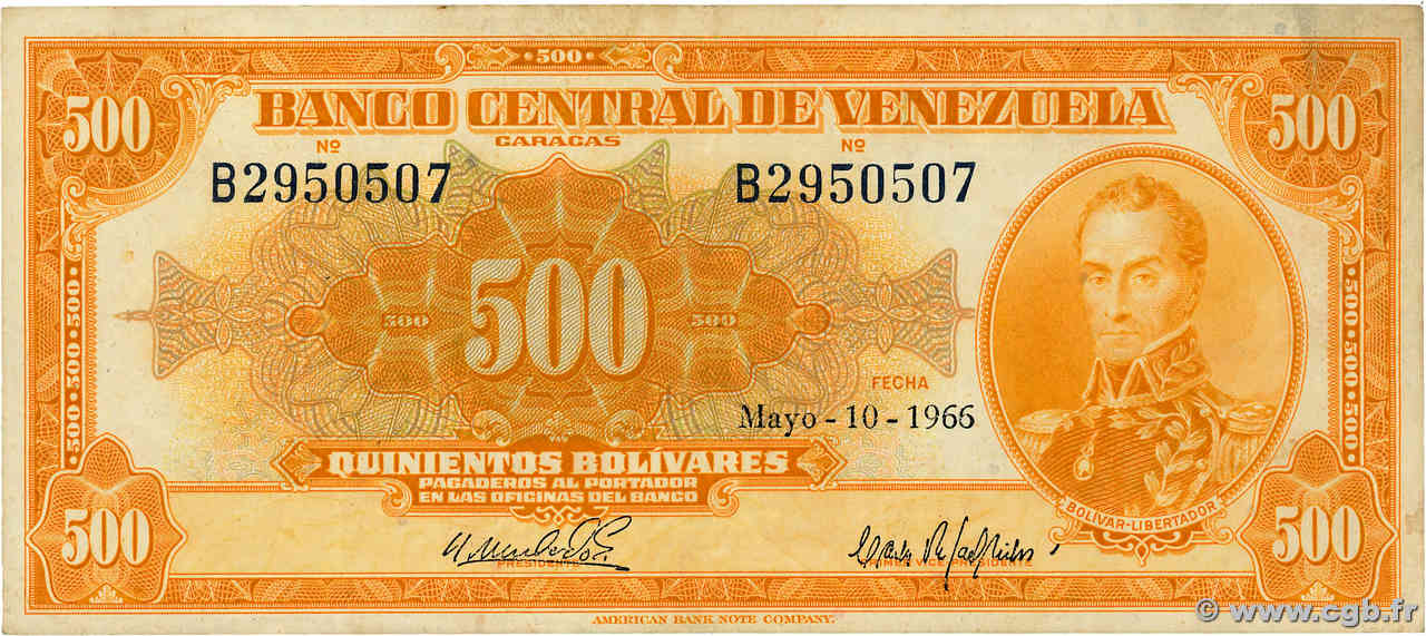 500 Bolivares VENEZUELA  1966 P.037c TTB