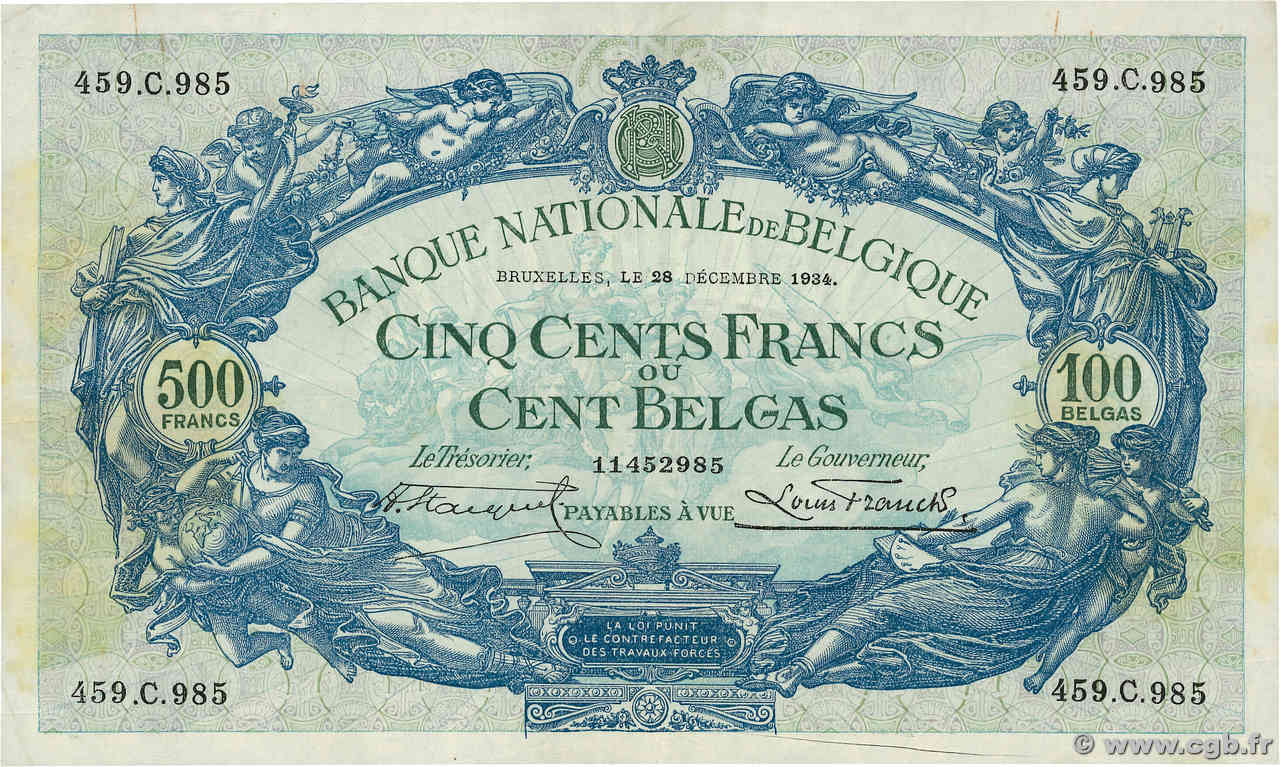 500 Francs - 100 Belgas BELGIQUE  1934 P.103 TTB