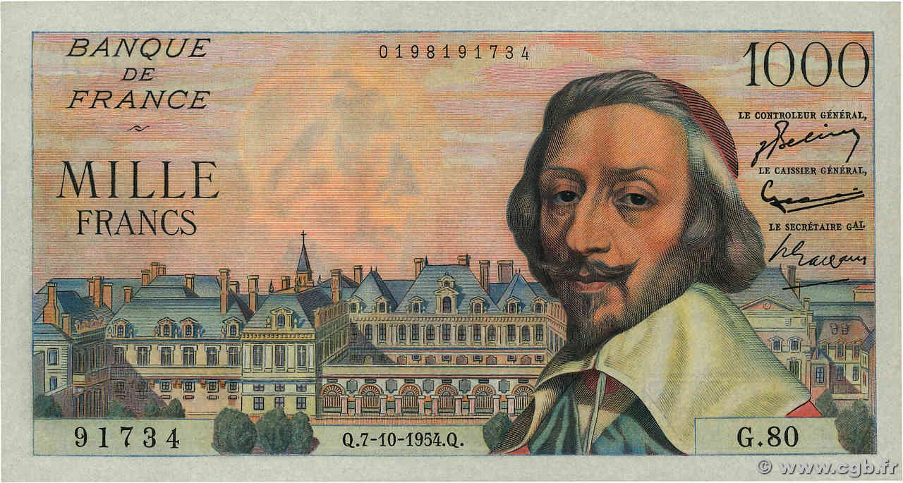 1000 Francs RICHELIEU FRANKREICH  1954 F.42.08 fST