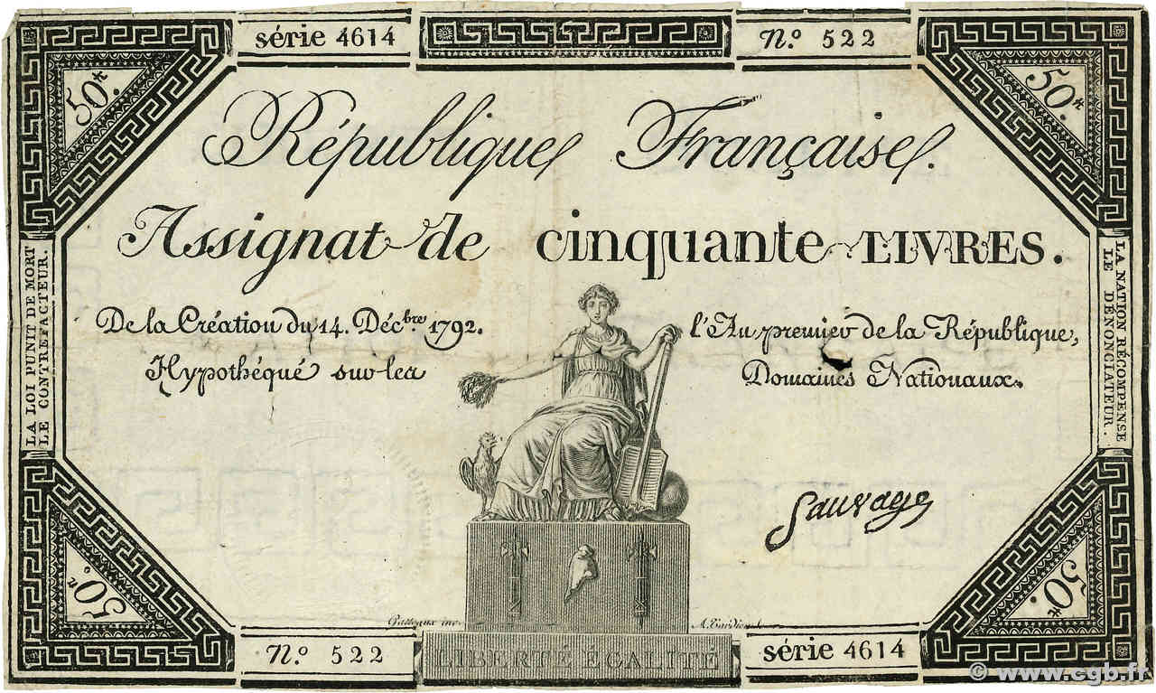 50 Livres FRANKREICH  1792 Ass.39a S