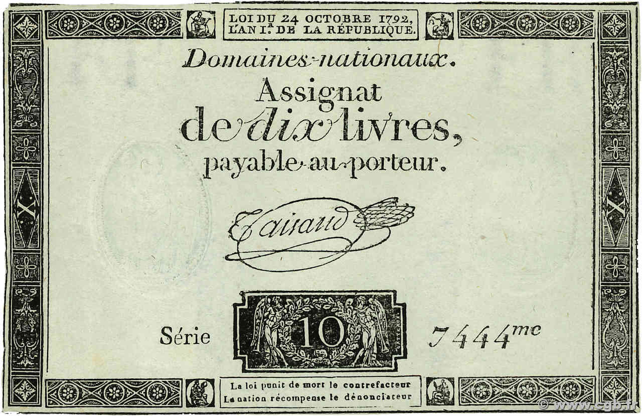 10 Livres filigrane républicain  FRANCIA  1792 Ass.36b EBC