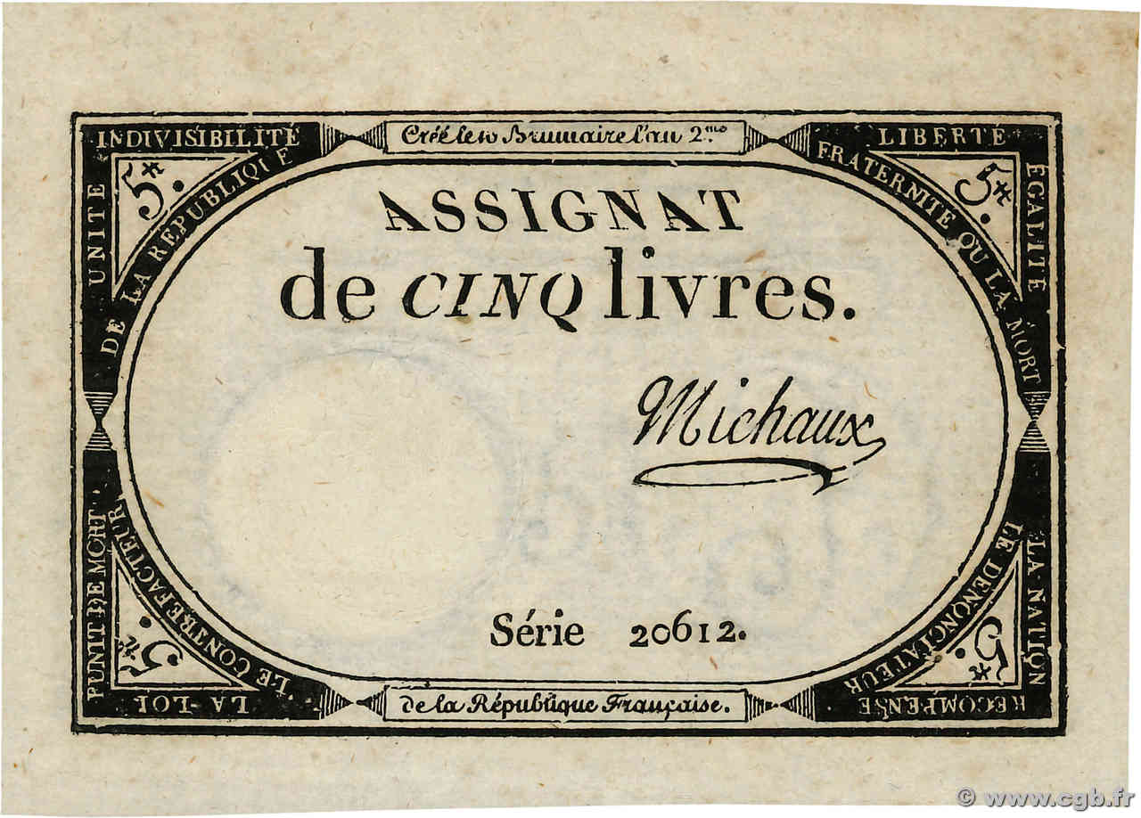 5 Livres FRANCE  1793 Ass.46a SPL