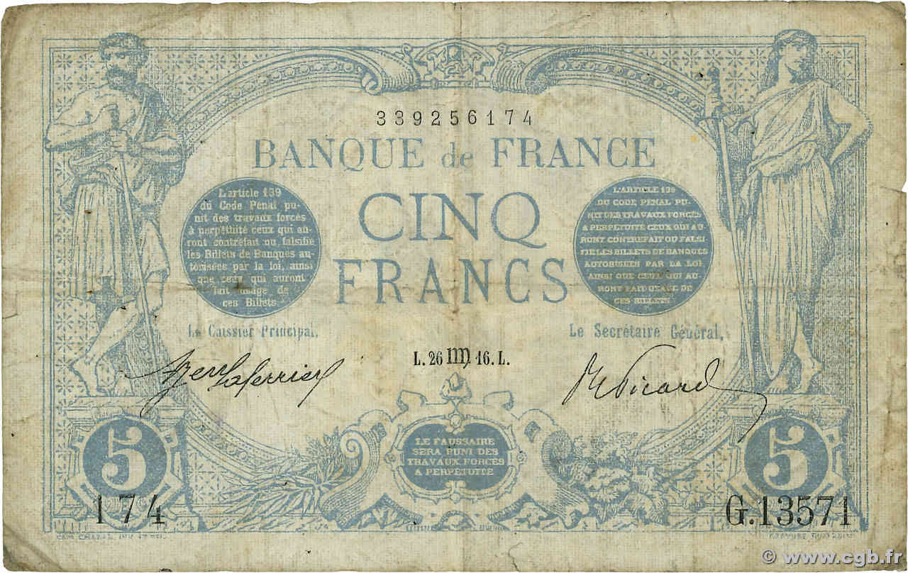 5 Francs BLEU FRANKREICH  1916 F.02.42 SGE