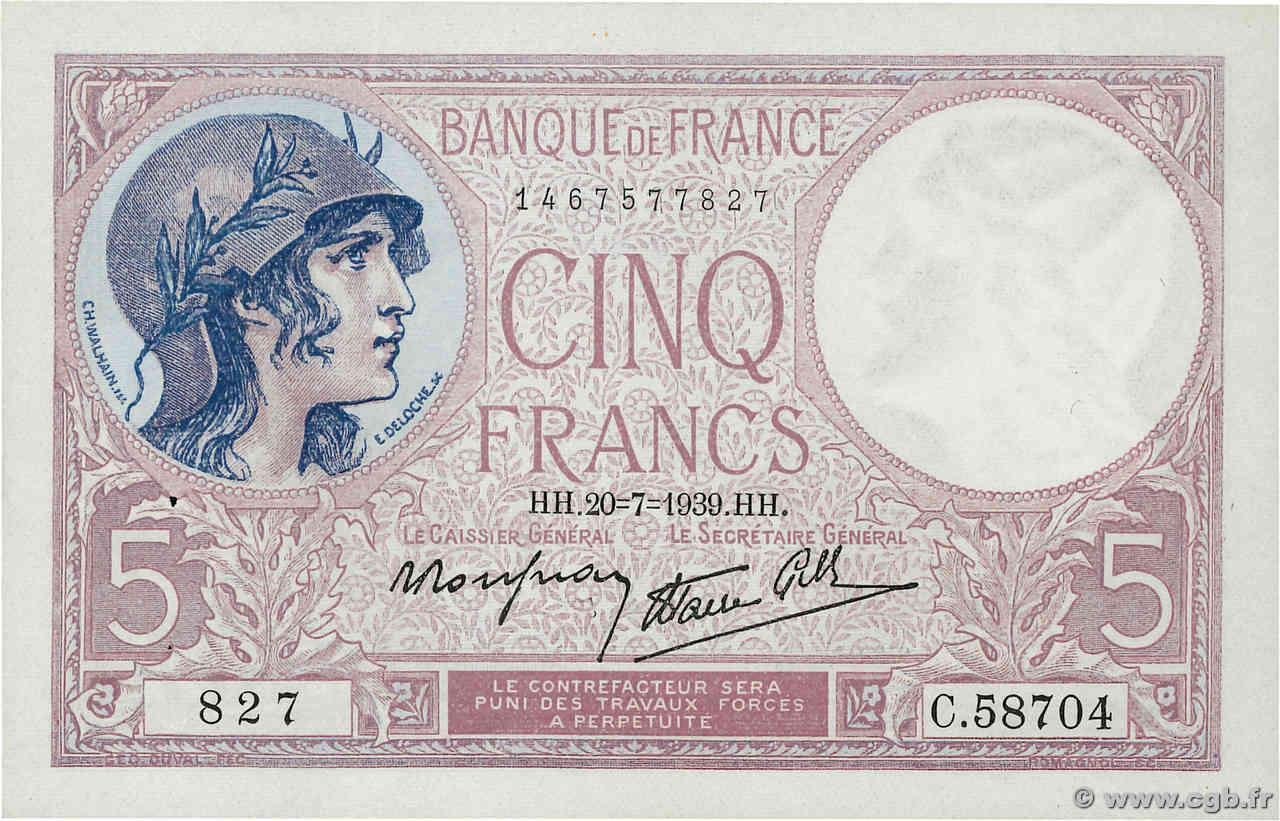 5 Francs FEMME CASQUÉE modifié FRANCIA  1939 F.04.02 SC