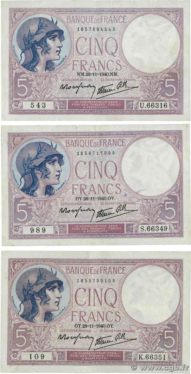 5 Francs FEMME CASQUÉE modifié Lot FRANKREICH  1940 F.04.15 SS