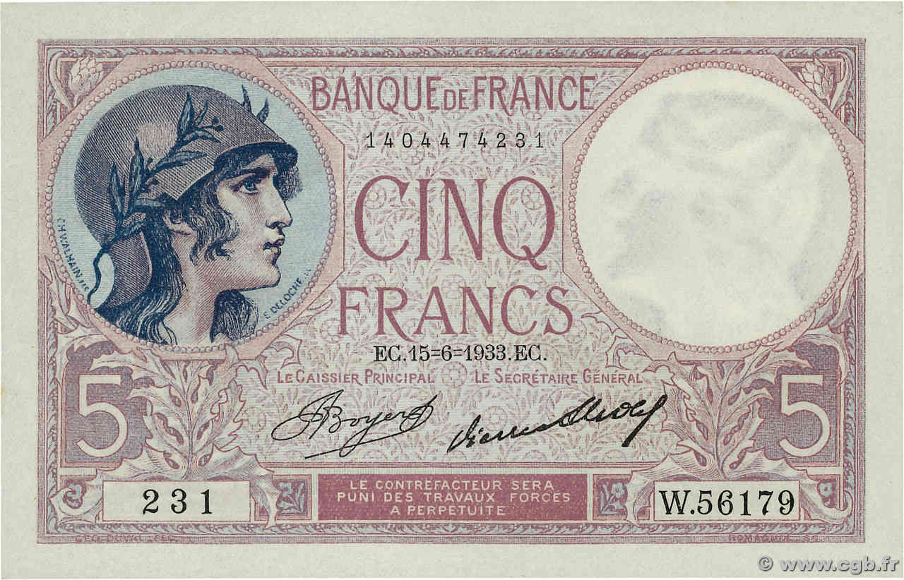 5 Francs FEMME CASQUÉE FRANCIA  1933 F.03.17 SC+