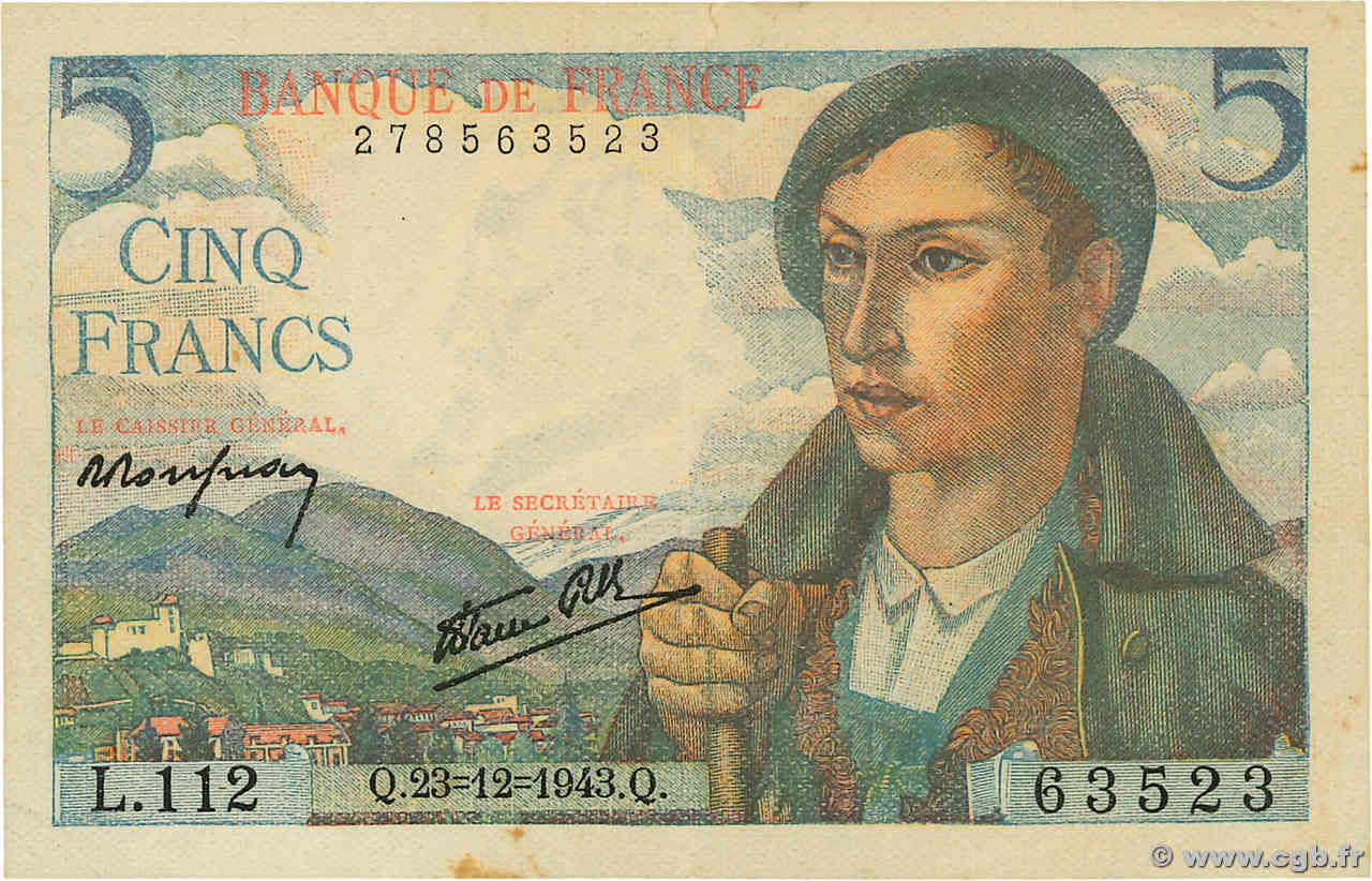 5 Francs BERGER FRANCE  1943 F.05.05 XF+