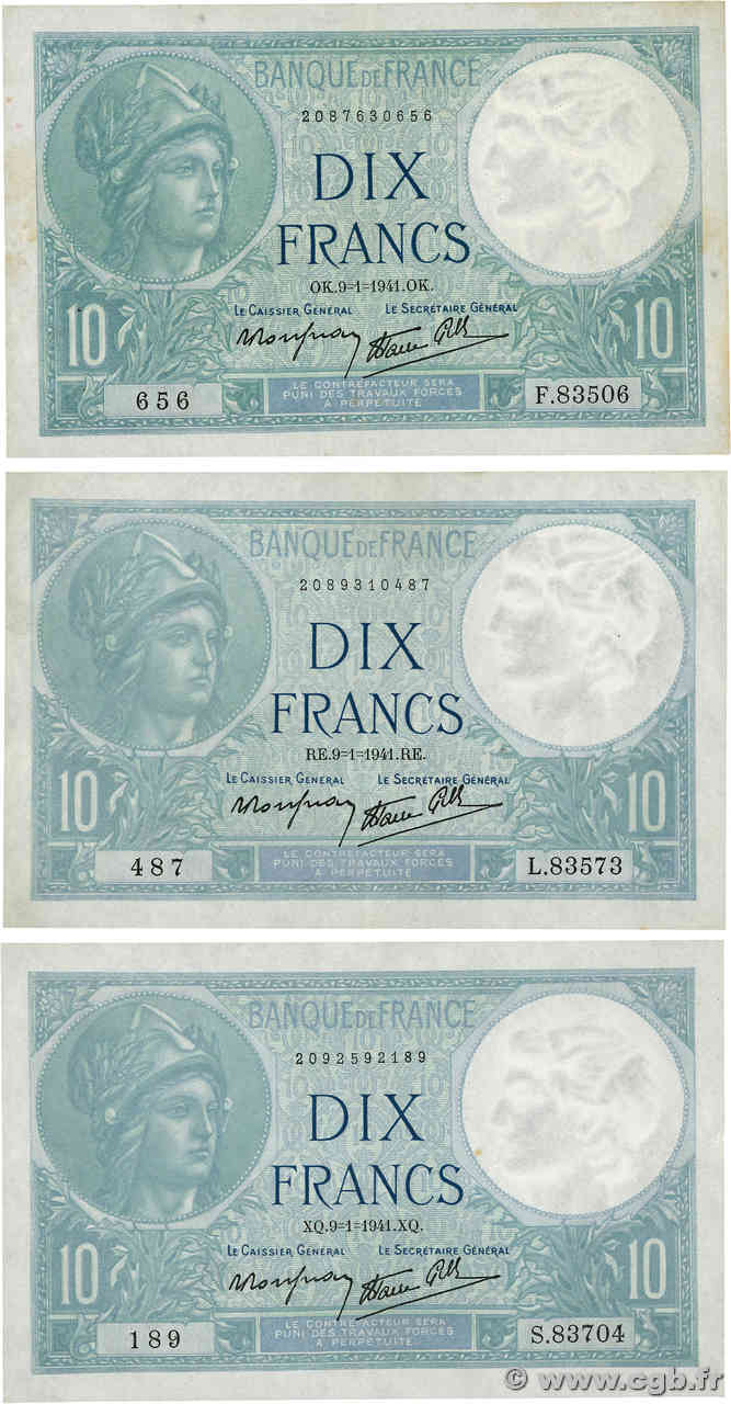 10 Francs MINERVE modifié Lot FRANCIA  1941 F.07.27 MBC+