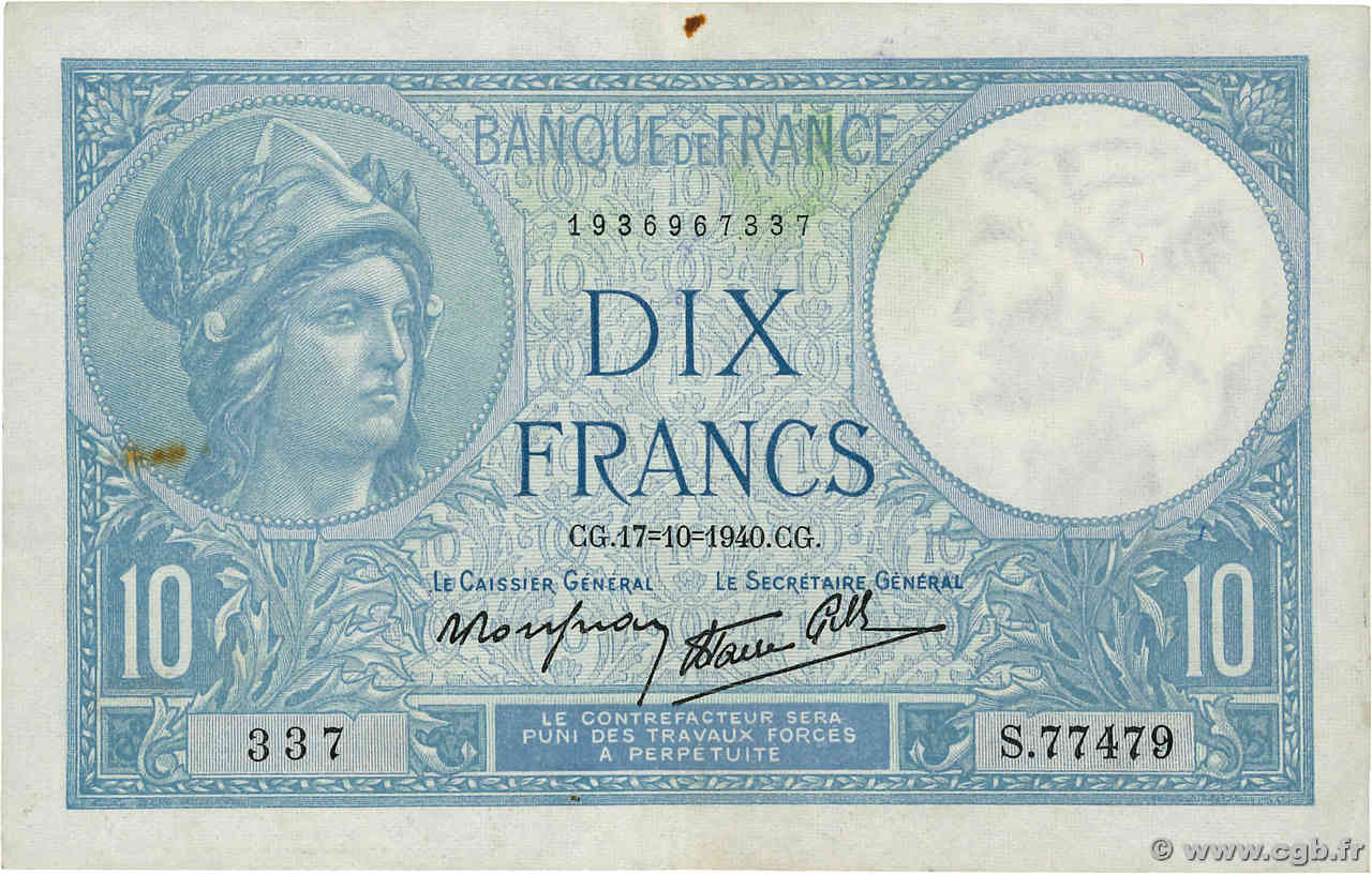 10 Francs MINERVE modifié FRANCIA  1940 F.07.17 q.SPL