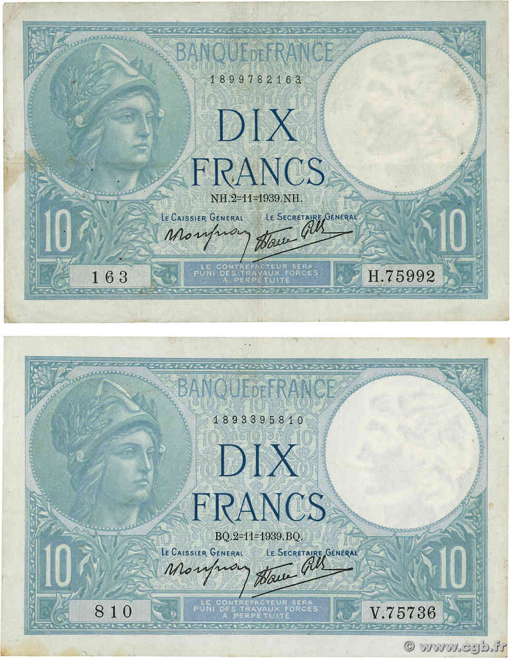 10 Francs MINERVE modifié Lot FRANCIA  1939 F.07.14 BC+