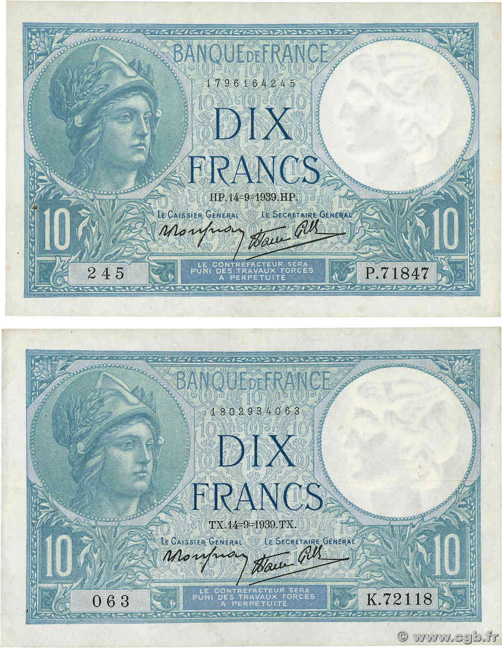 10 Francs MINERVE modifié Lot FRANKREICH  1939 F.07.07 fVZ