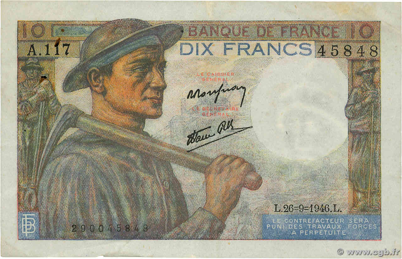 10 Francs MINEUR FRANCE  1946 F.08.15 TTB