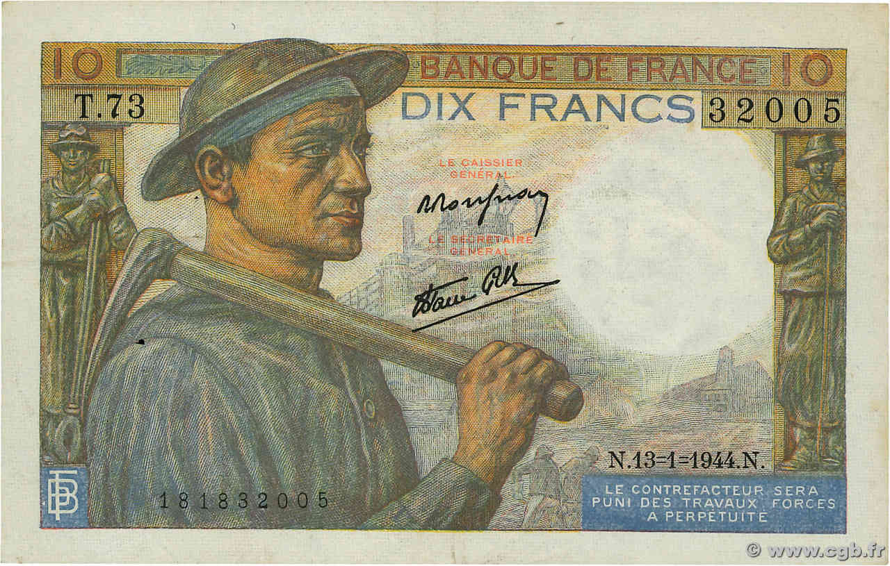 10 Francs MINEUR FRANKREICH  1944 F.08.10 SS