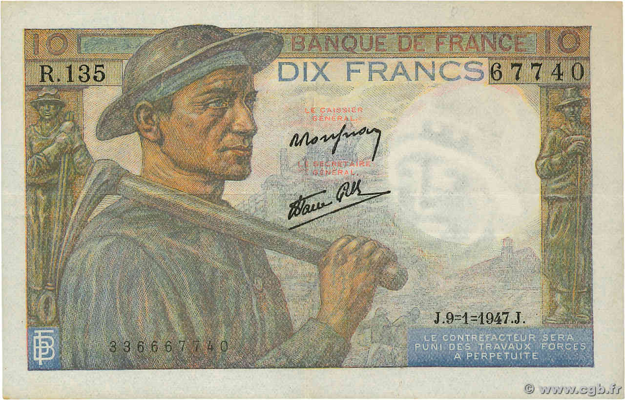 10 Francs MINEUR FRANKREICH  1947 F.08.17 fVZ