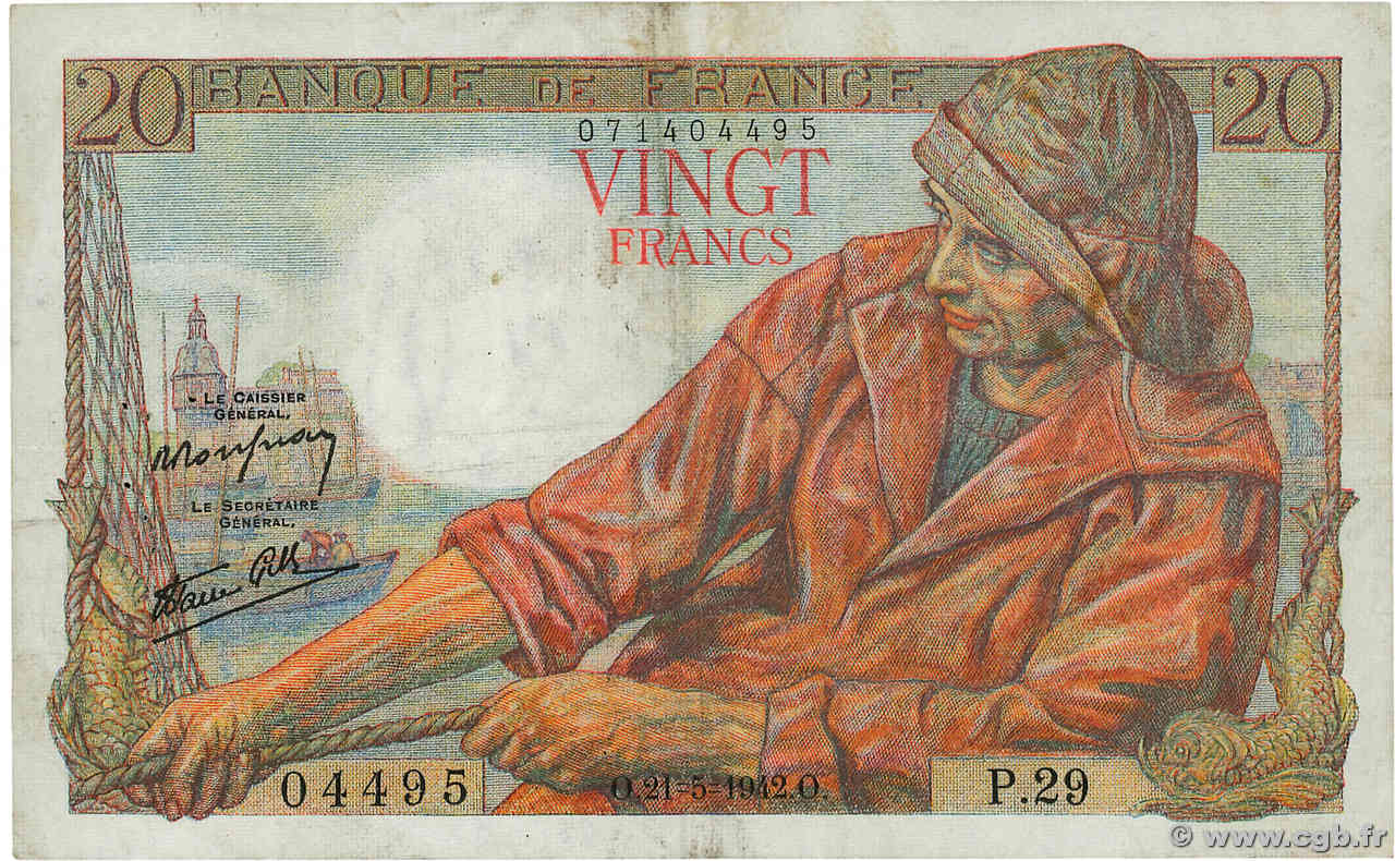 20 Francs PÊCHEUR FRANCE  1942 F.13.02 TTB