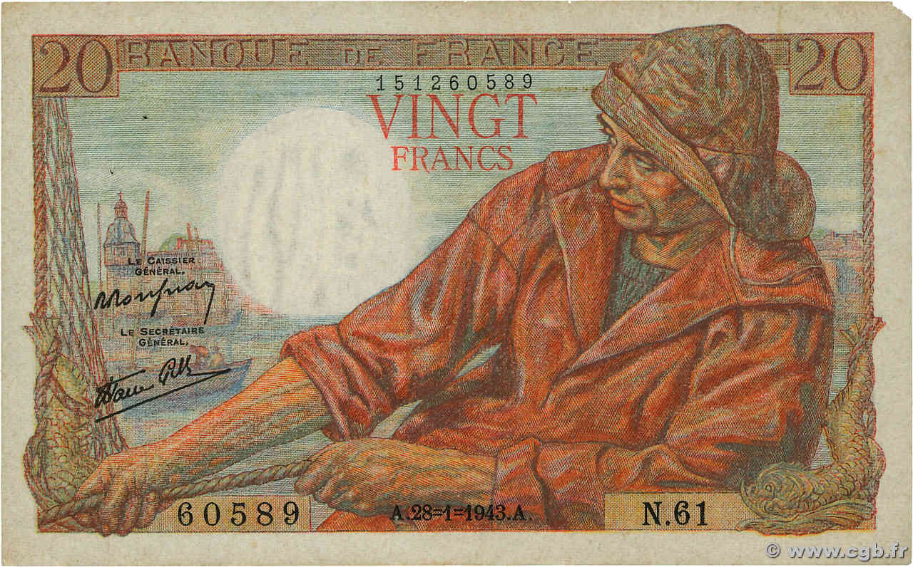 20 Francs PÊCHEUR FRANCIA  1943 F.13.05 MBC