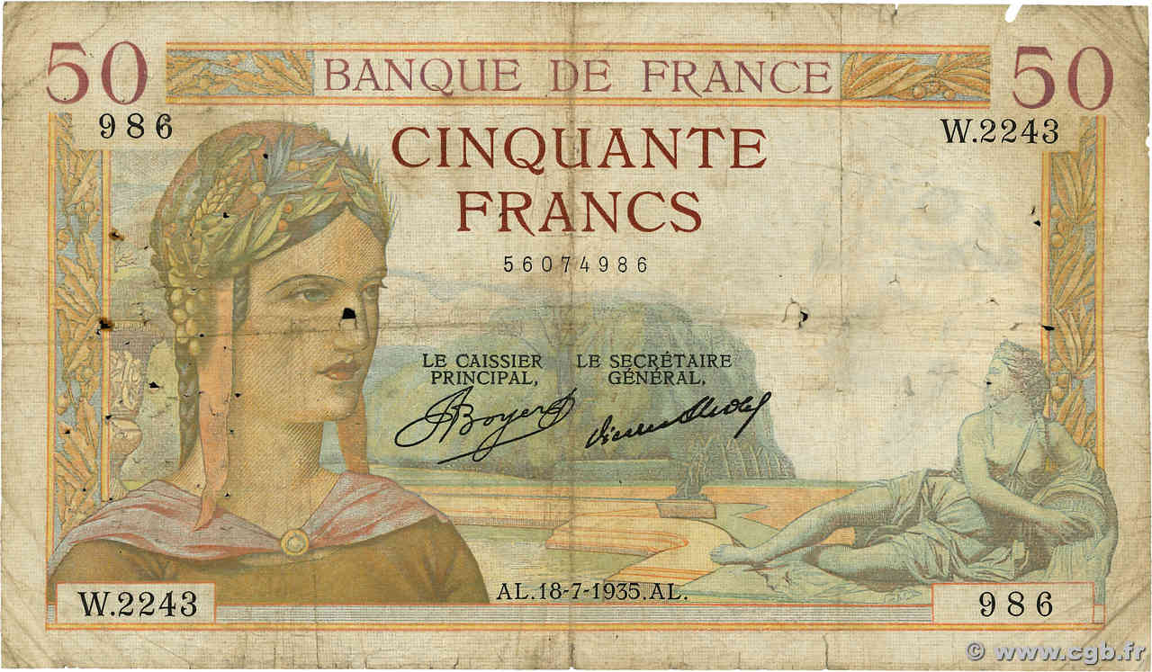 50 Francs CÉRÈS FRANKREICH  1935 F.17.13 SGE