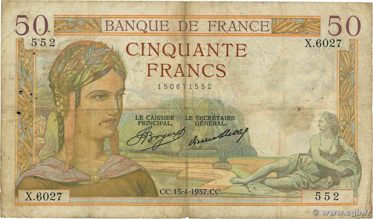 50 Francs CÉRÈS FRANKREICH  1937 F.17.37 SGE