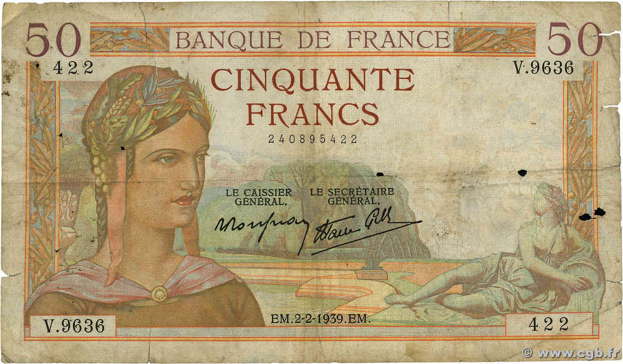 50 Francs CÉRÈS modifié FRANKREICH  1939 F.18.21 SGE