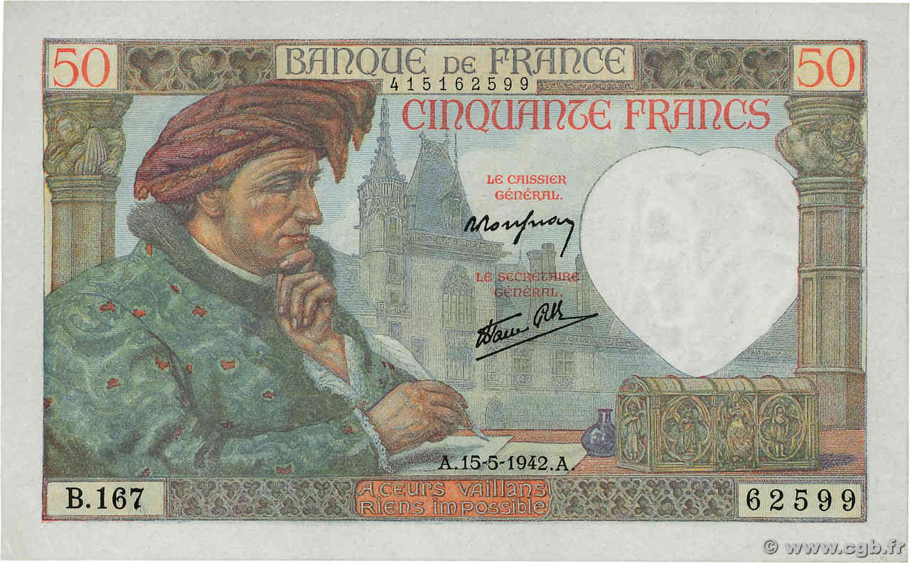 50 Francs JACQUES CŒUR FRANCE  1942 F.19.20 SUP