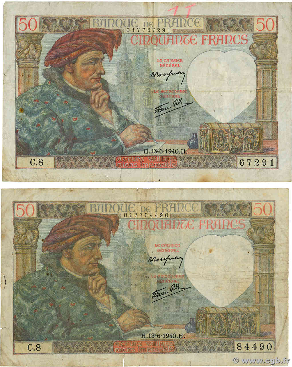 50 Francs JACQUES CŒUR Lot FRANCE  1940 F.19.01 F