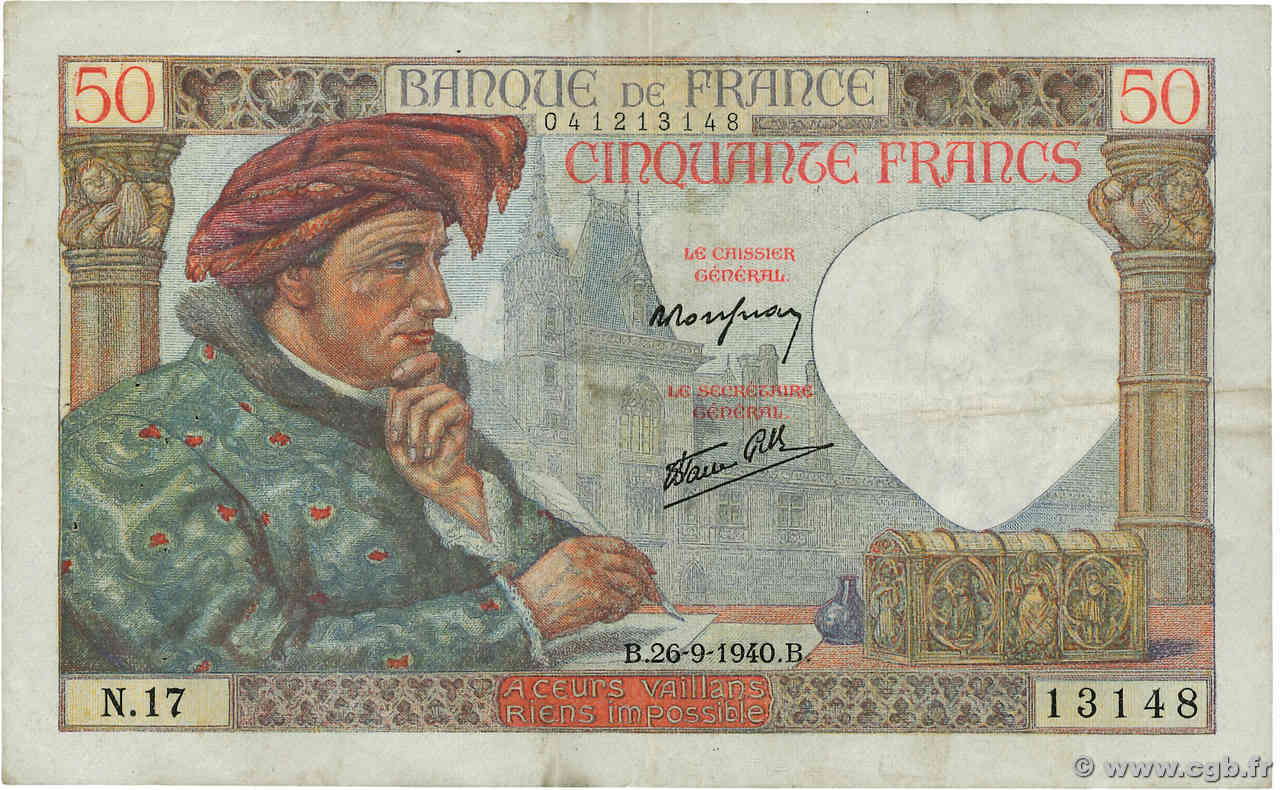 50 Francs JACQUES CŒUR FRANKREICH  1940 F.19.03 S