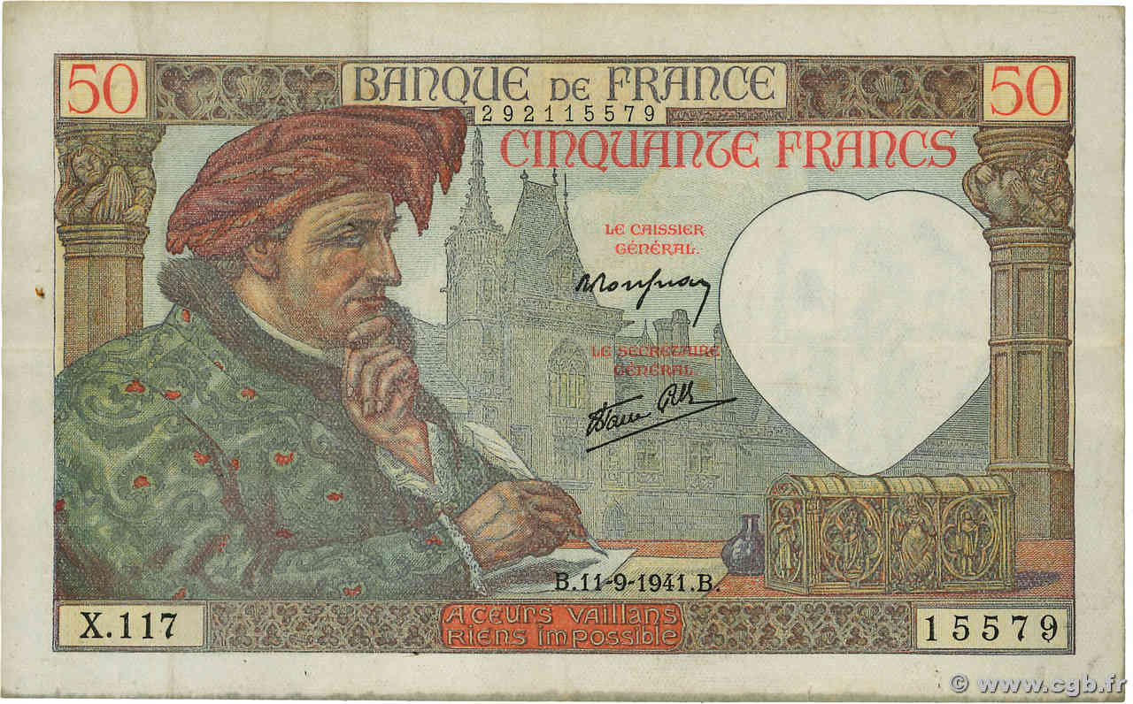 50 Francs JACQUES CŒUR FRANCE  1941 F.19.14 TB