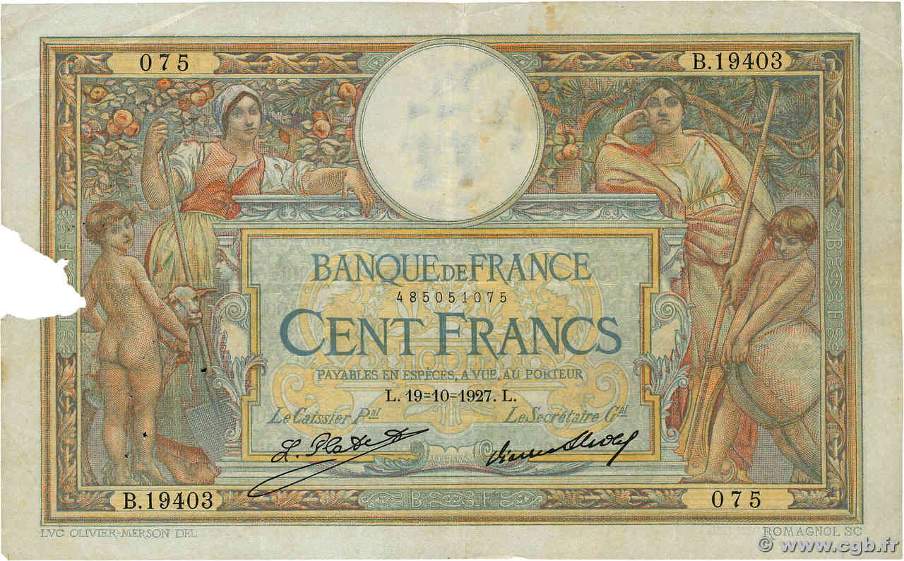 100 Francs LUC OLIVIER MERSON grands cartouches FRANCIA  1927 F.24.06 BC