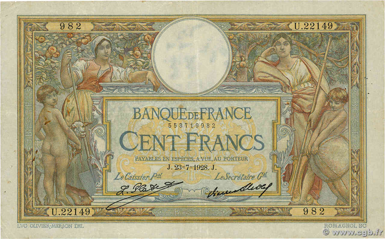 100 Francs LUC OLIVIER MERSON grands cartouches FRANKREICH  1928 F.24.07 S