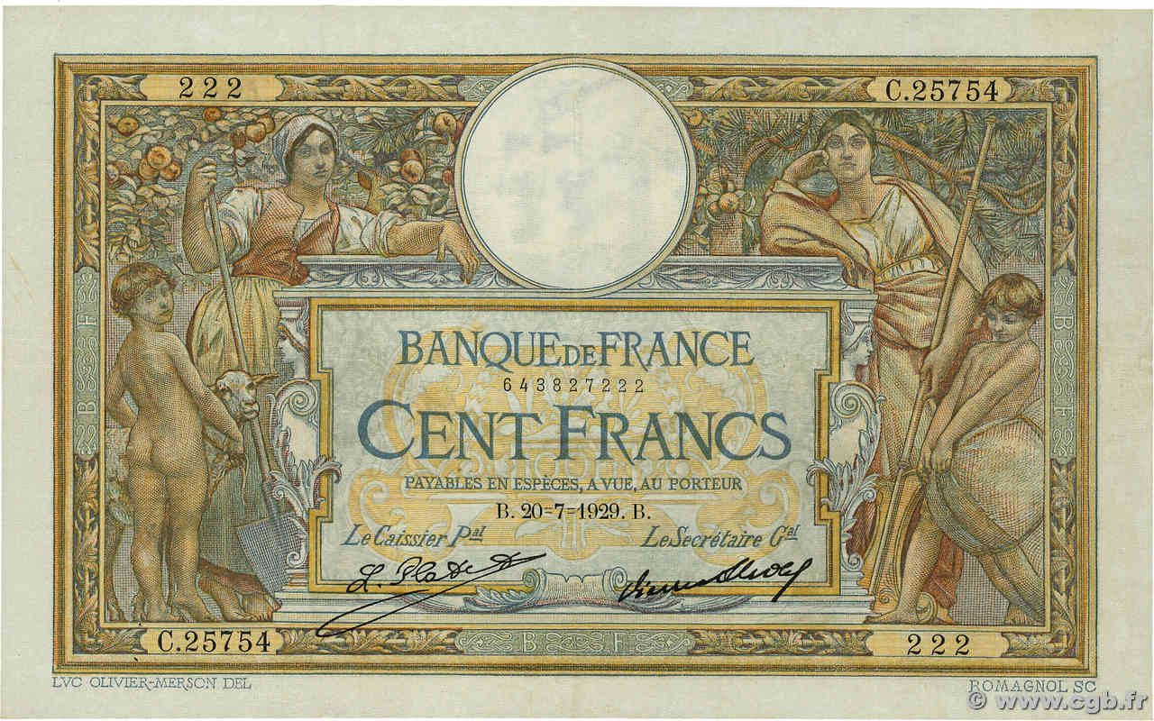 100 Francs LUC OLIVIER MERSON grands cartouches FRANCE  1929 F.24.08 TTB