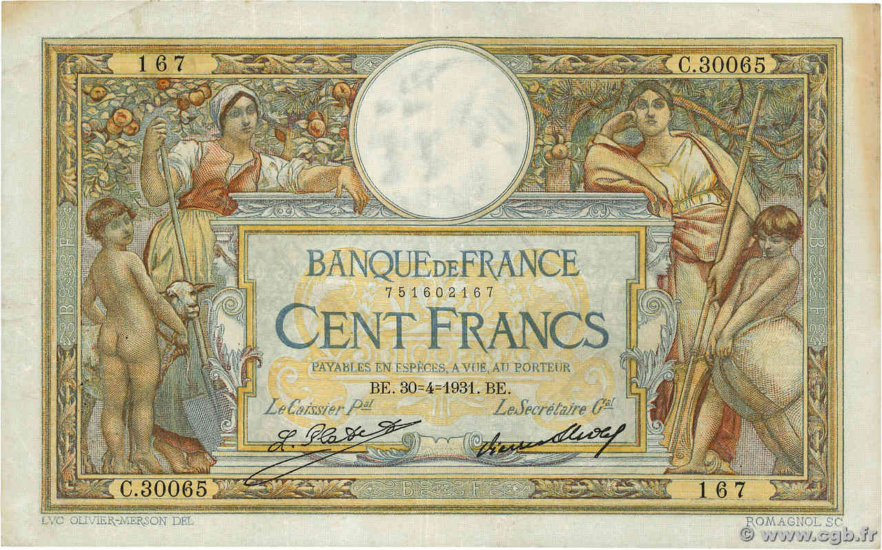 100 Francs LUC OLIVIER MERSON grands cartouches FRANCIA  1931 F.24.10 q.BB