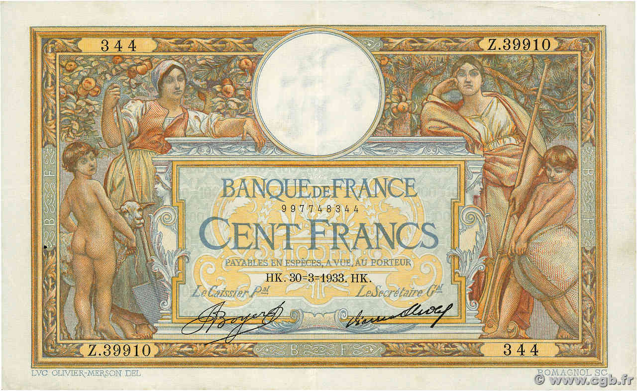 100 Francs LUC OLIVIER MERSON grands cartouches FRANKREICH  1933 F.24.12 SS