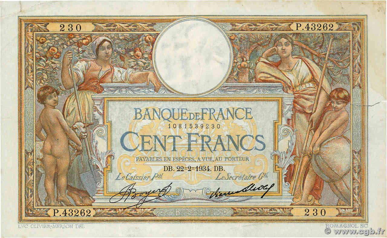 100 Francs LUC OLIVIER MERSON grands cartouches FRANCIA  1934 F.24.13 q.BB