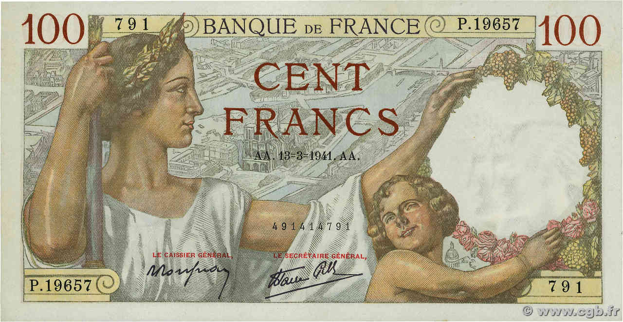 100 Francs SULLY FRANCE  1941 F.26.48 UNC-