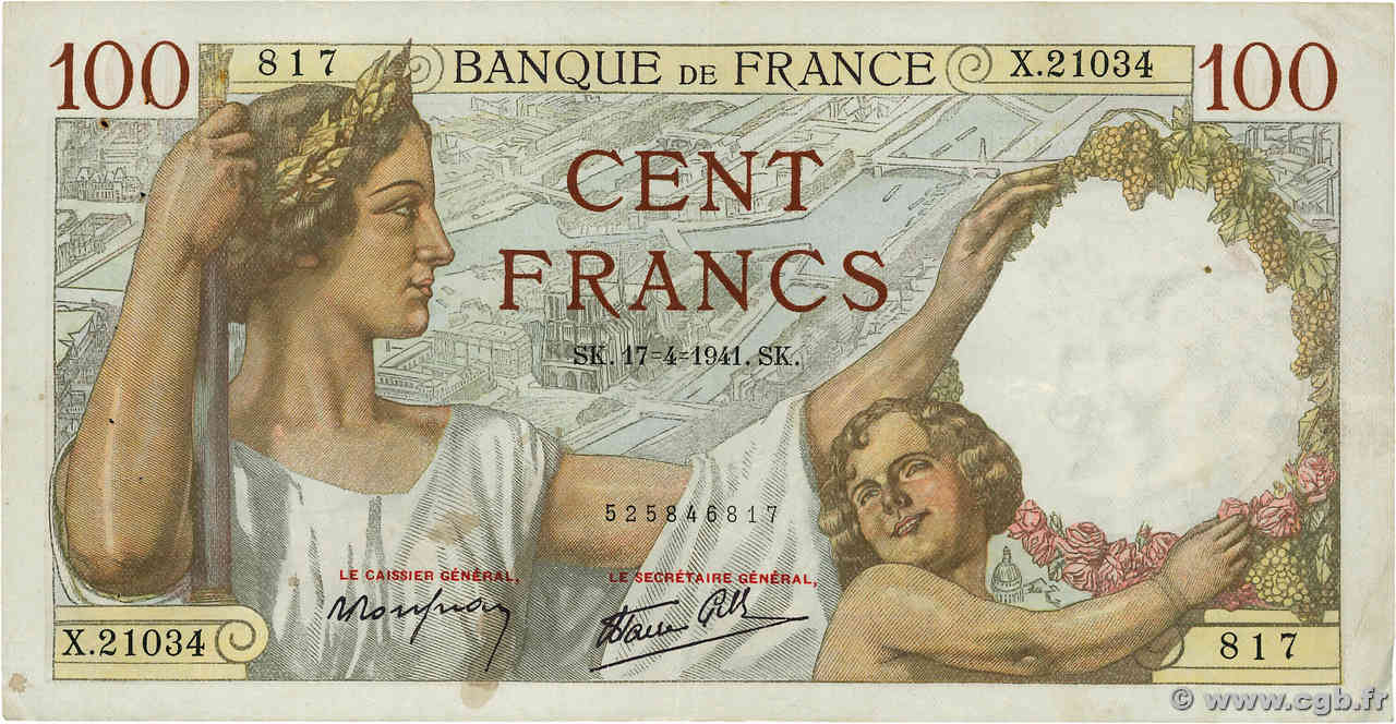 100 Francs SULLY FRANCE  1941 F.26.50 VF