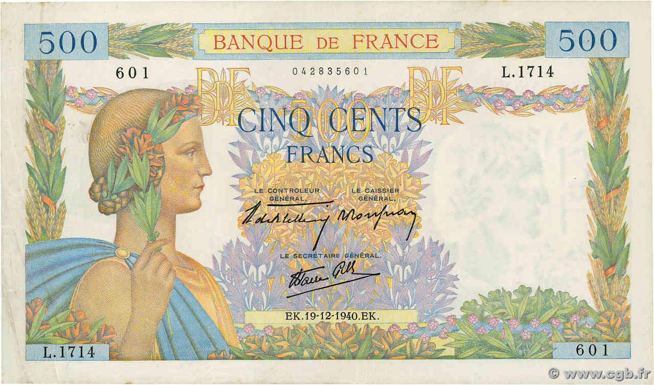 500 Francs LA PAIX FRANCE  1940 F.32.11 TTB+