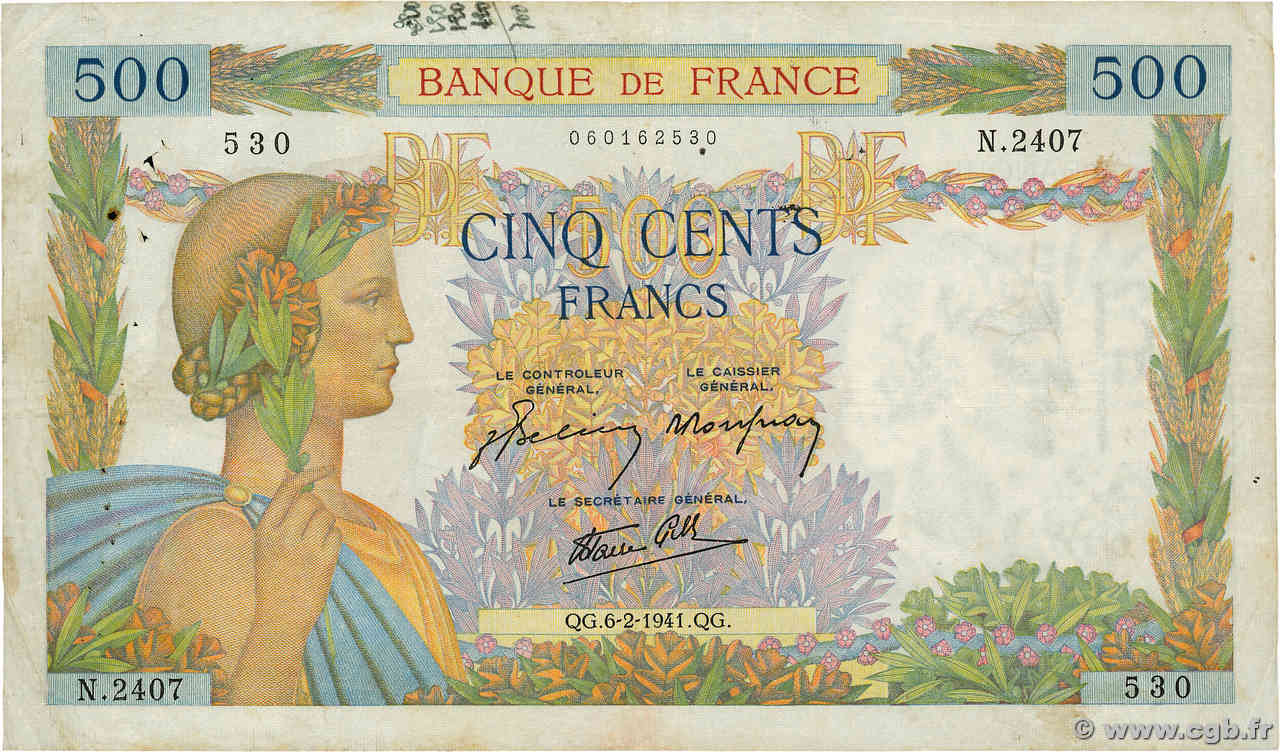 500 Francs LA PAIX FRANCE  1941 F.32.14 TB