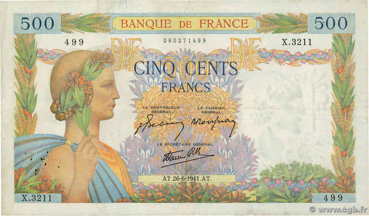 500 Francs LA PAIX FRANCE  1941 F.32.19 TB