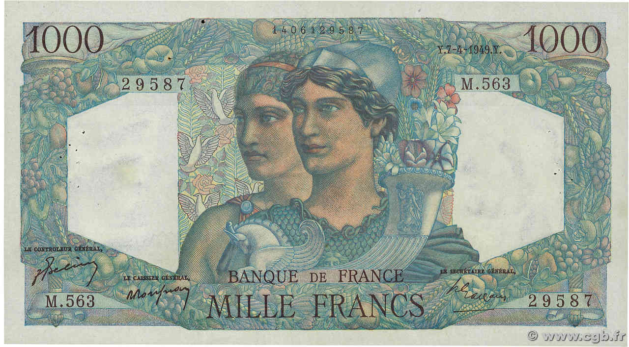 1000 Francs MINERVE ET HERCULE FRANCE  1949 F.41.26 VF+