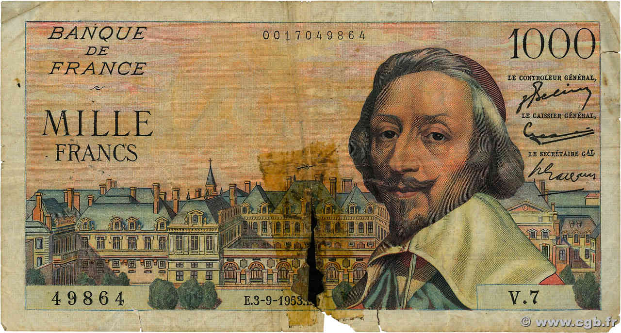 1000 Francs RICHELIEU FRANCIA  1953 F.42.02 q.B