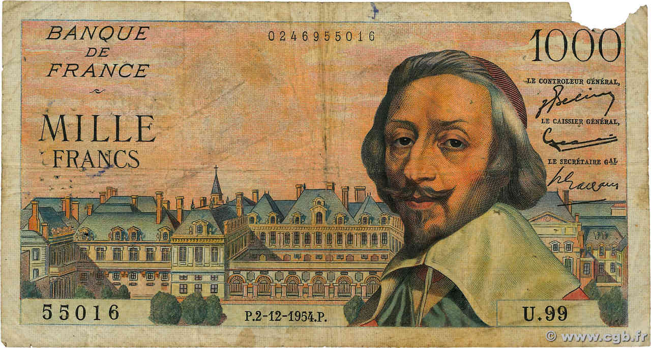 1000 Francs RICHELIEU FRANCE  1954 F.42.09 G