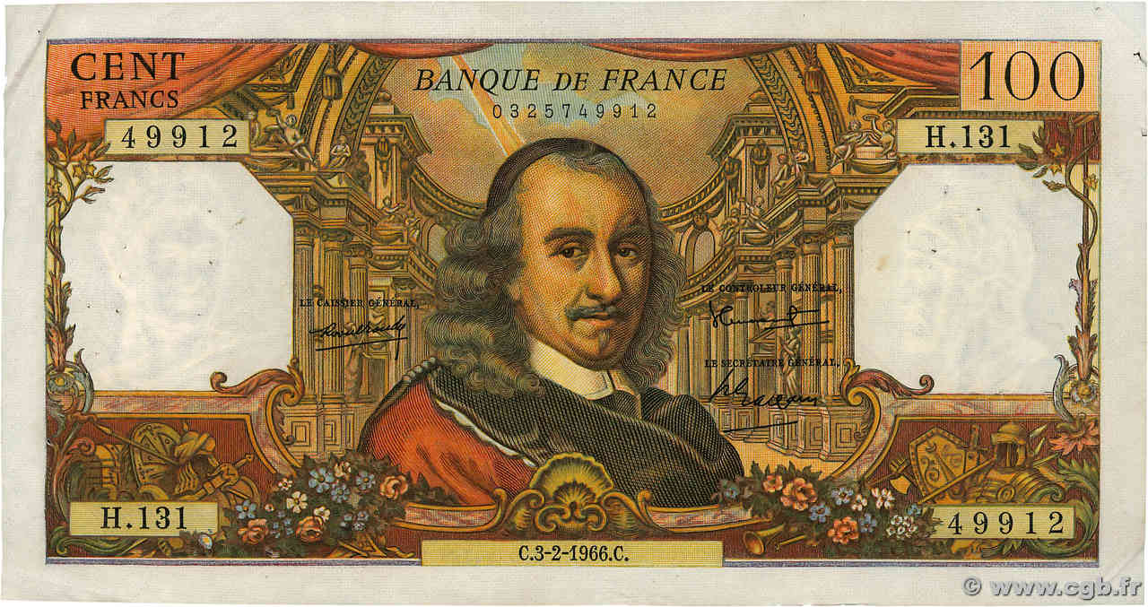 100 Francs CORNEILLE FRANCE  1966 F.65.11 pr.TTB