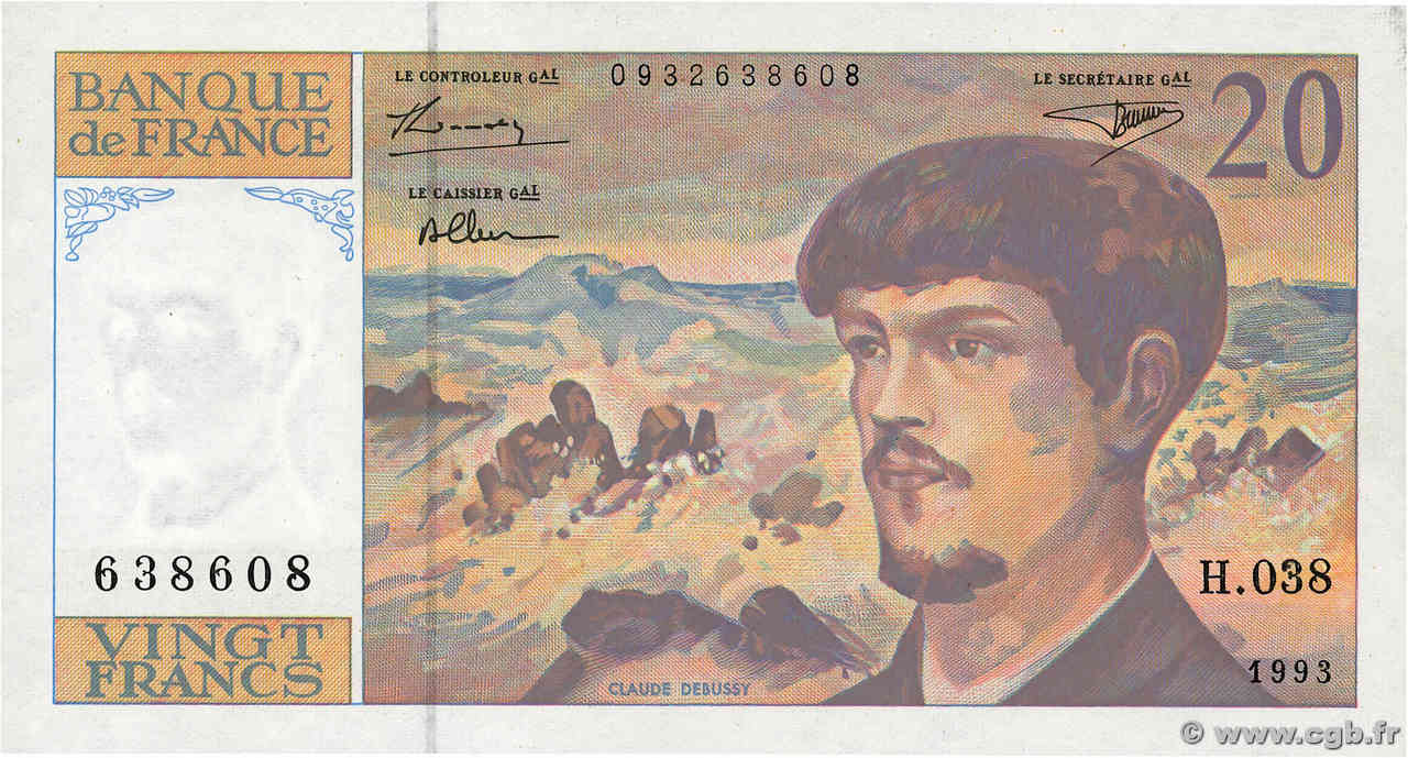 20 Francs DEBUSSY à fil de sécurité FRANCE  1993 F.66BIS.04 NEUF