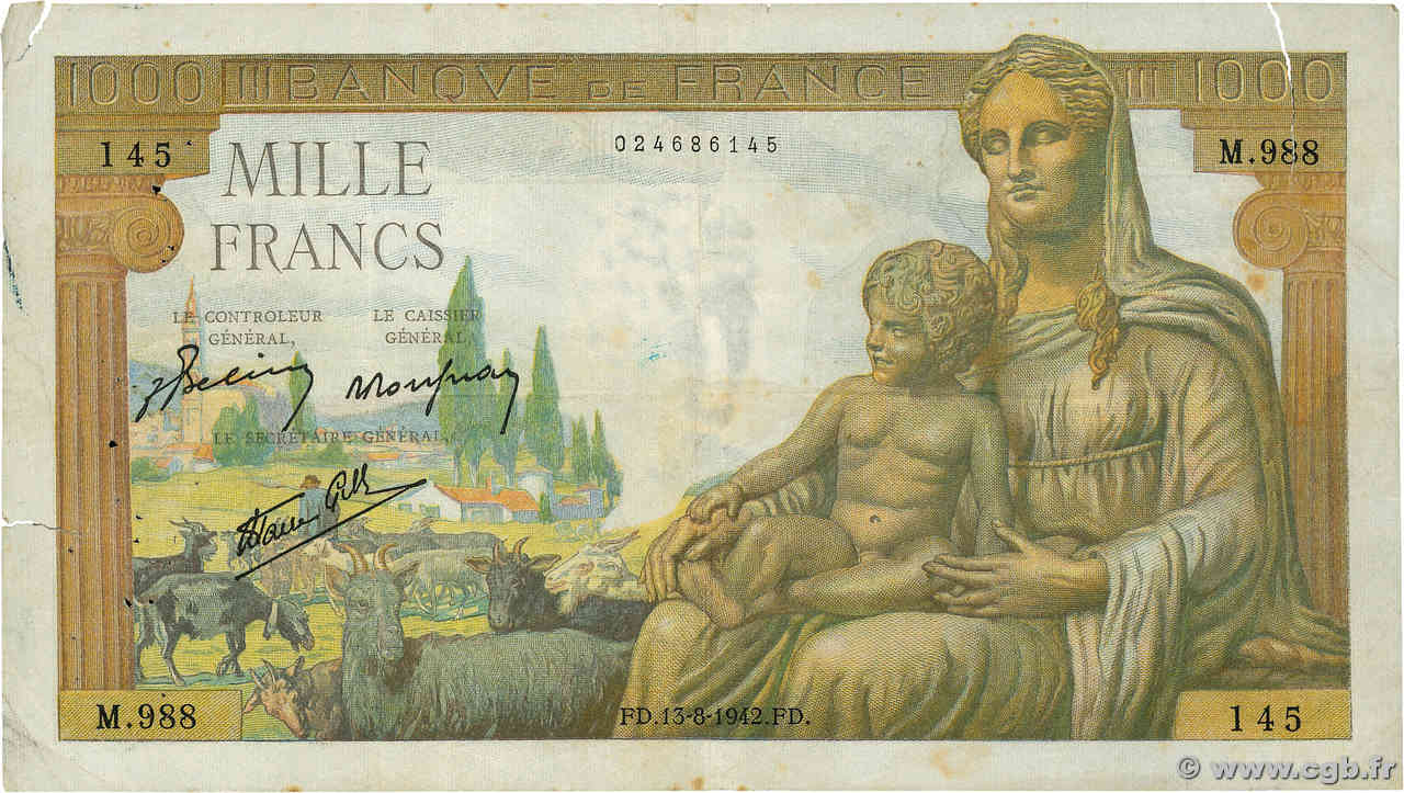 1000 Francs DÉESSE DÉMÉTER FRANCE  1942 F.40.04 TB