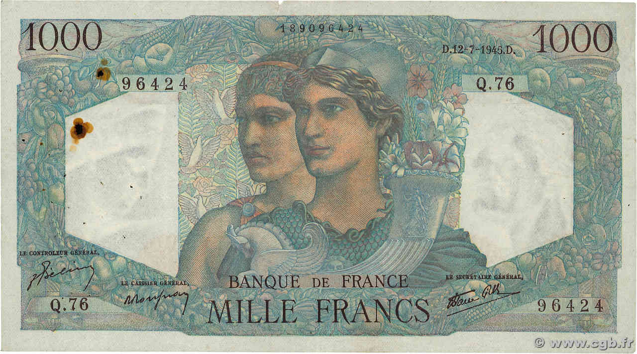 1000 Francs MINERVE ET HERCULE FRANCE  1945 F.41.06 TTB