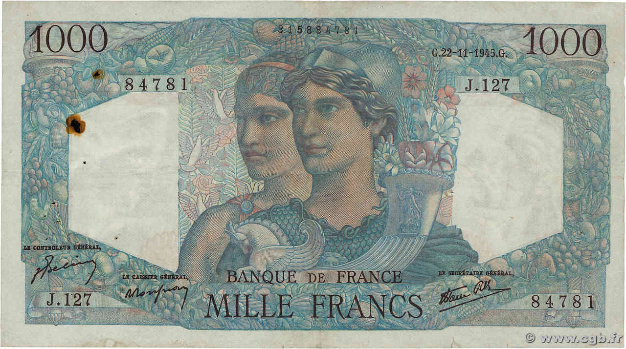 1000 Francs MINERVE ET HERCULE FRANCE  1945 F.41.08 TTB