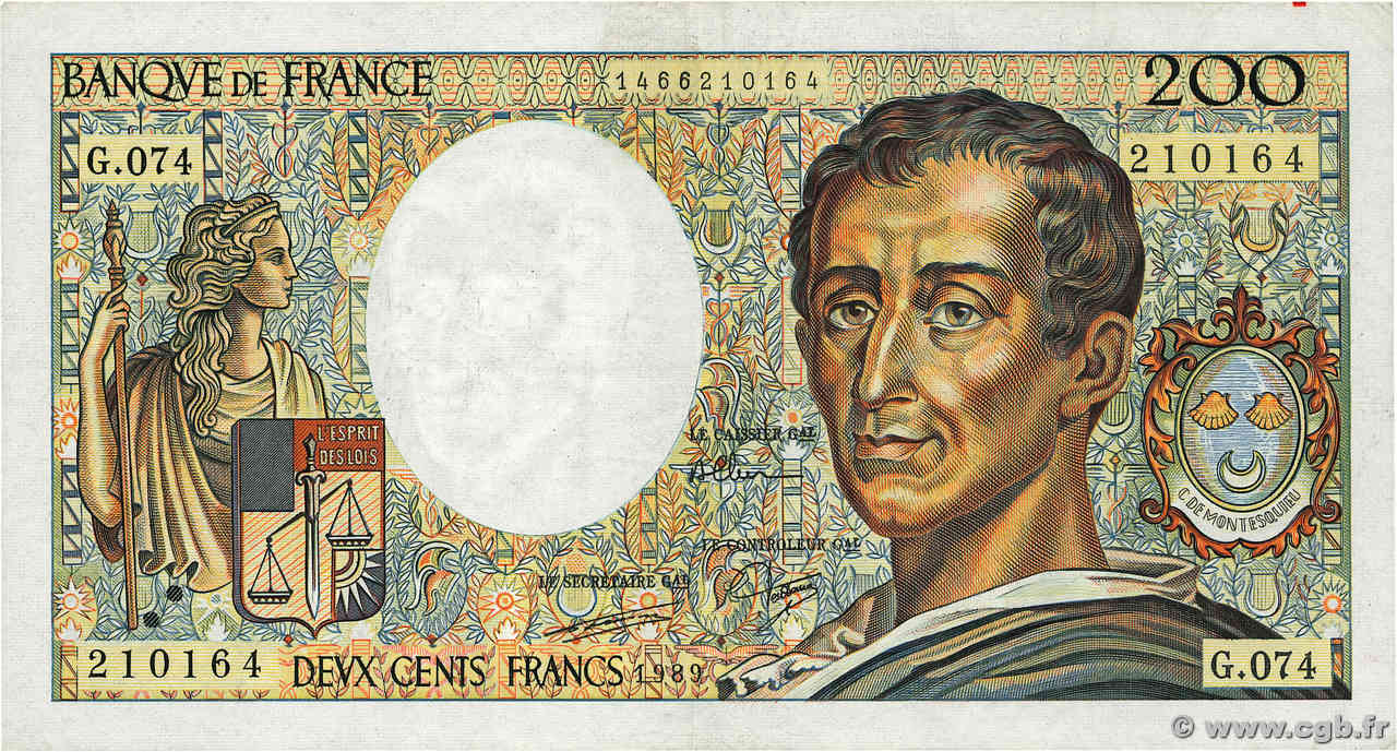 200 Francs MONTESQUIEU FRANCE  1989 F.70.09 TTB