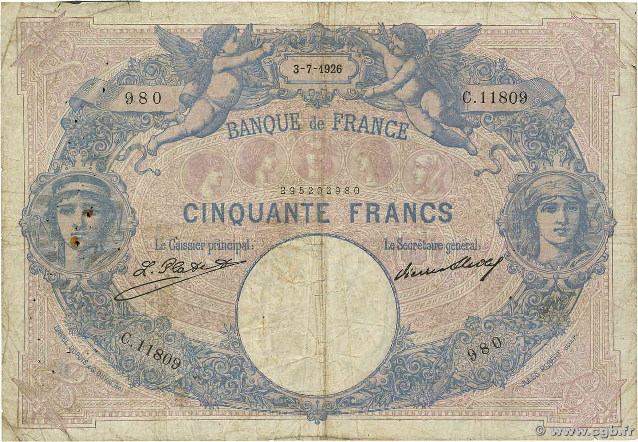 50 Francs BLEU ET ROSE FRANCE  1926 F.14.39 B