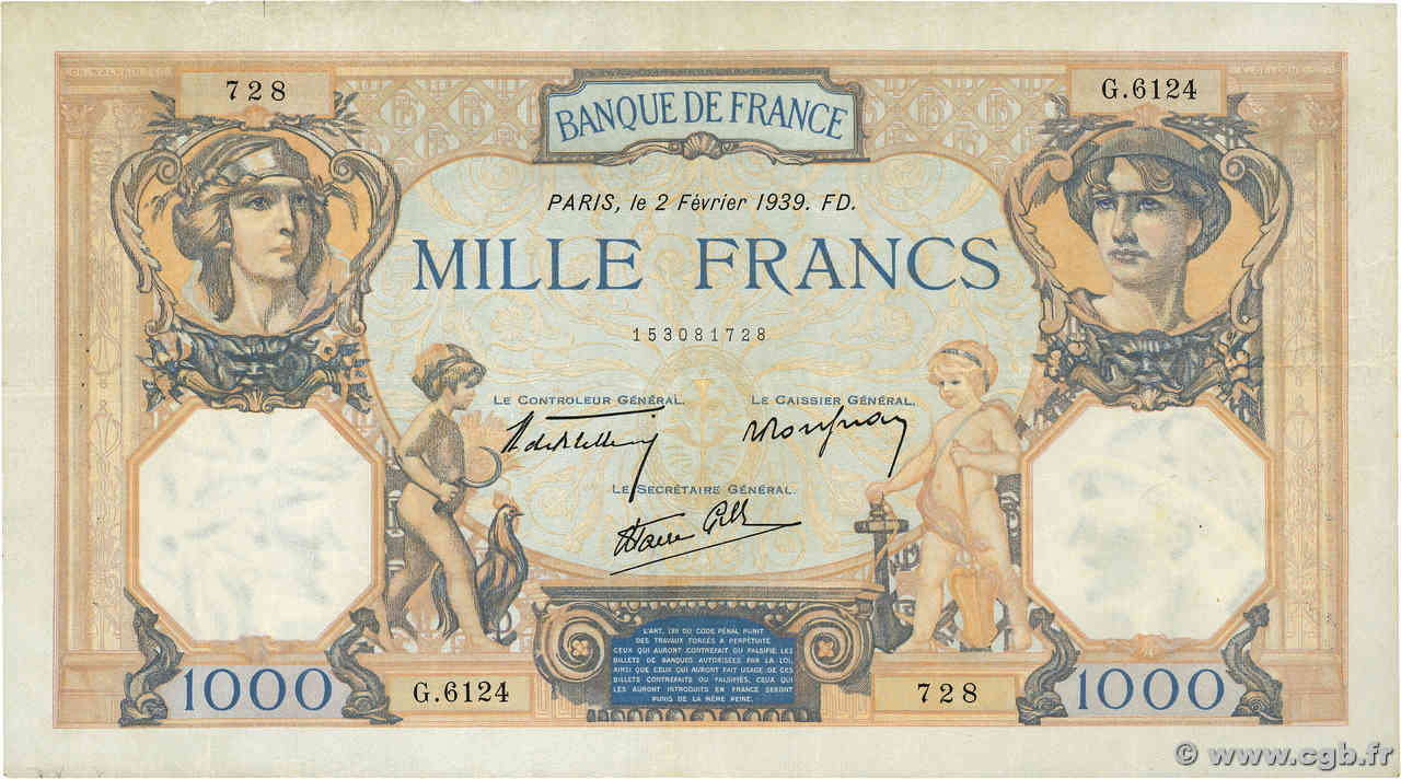1000 Francs CÉRÈS ET MERCURE type modifié FRANCE  1939 F.38.34 TTB