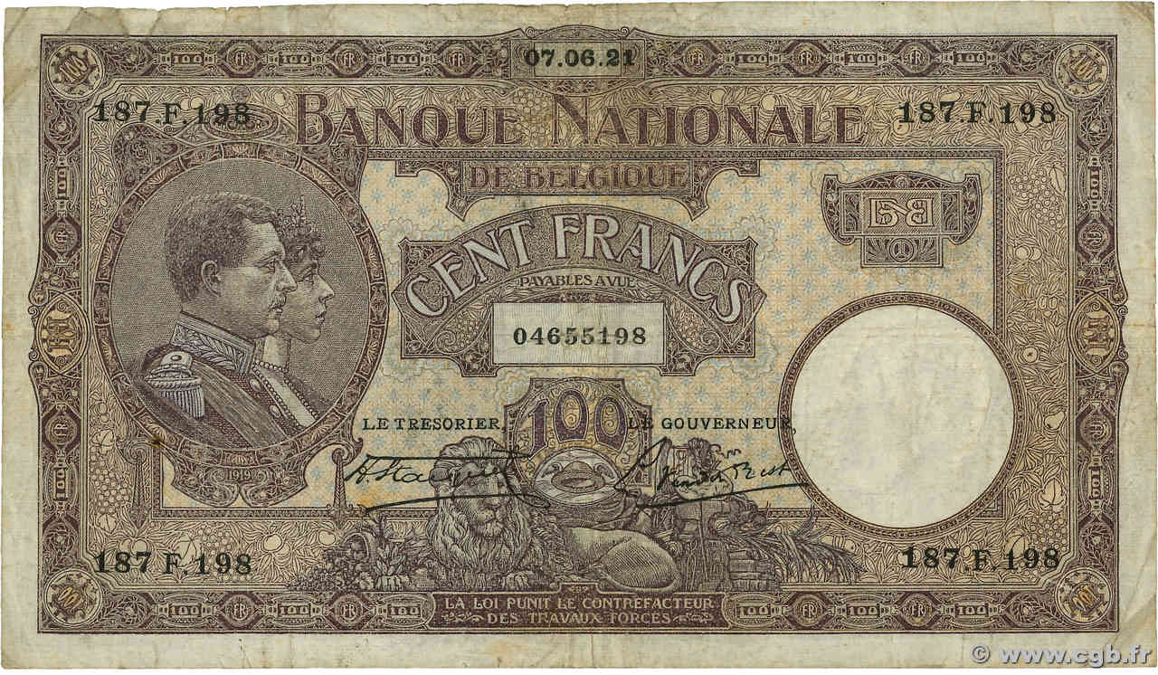 100 Francs BÉLGICA  1921 P.095 BC